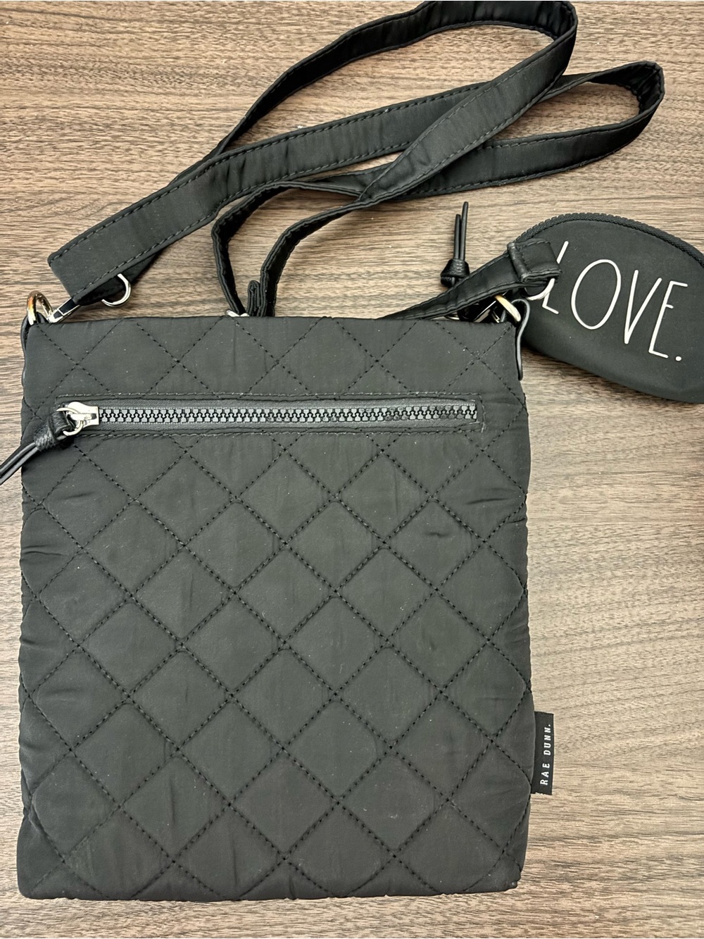 Rae Dunn Black Diamond Quilted Crossbody Bag with Zip Pocket